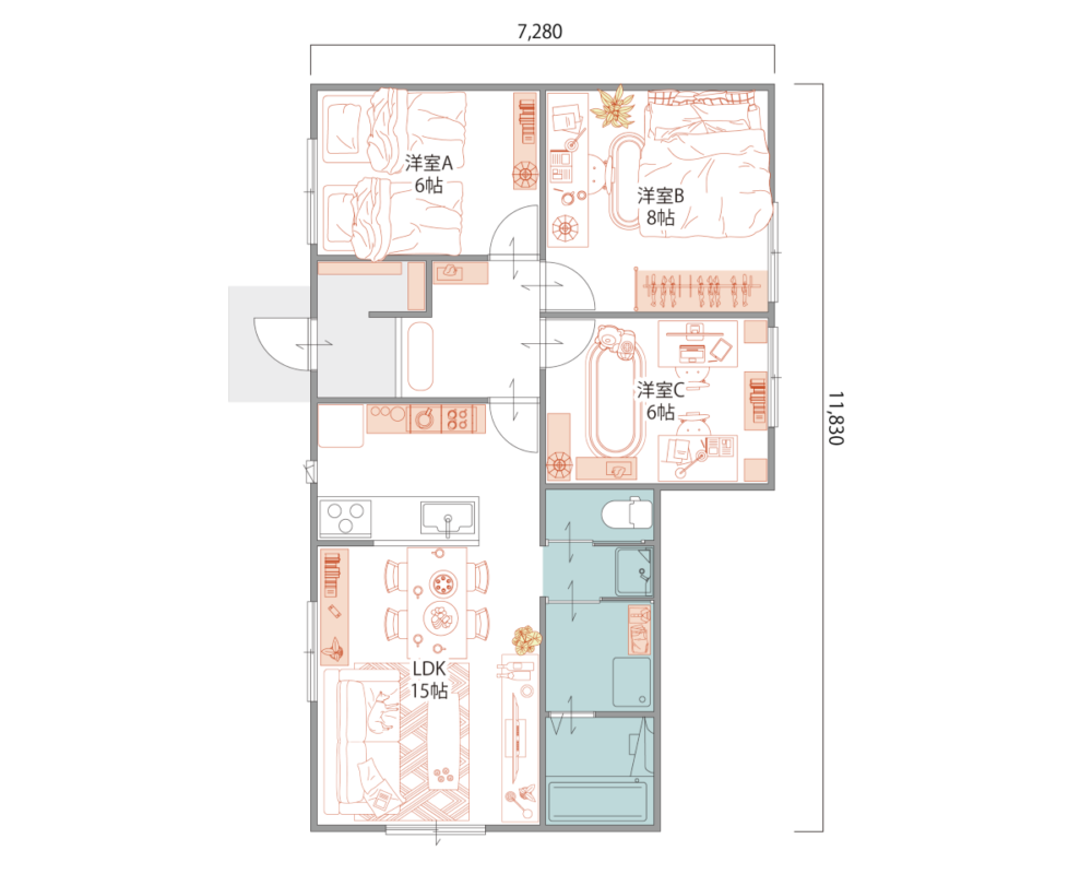 23坪｜3LDK平屋　個室のプライバシーを守る家