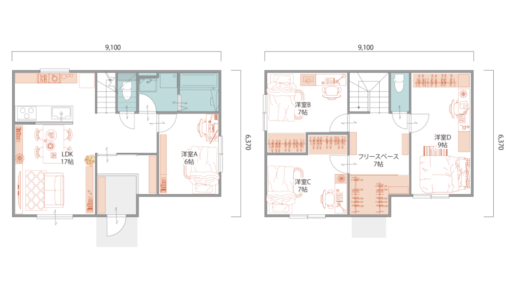 33坪｜4LDK　家族の個室＋多目的ホールのある住まい