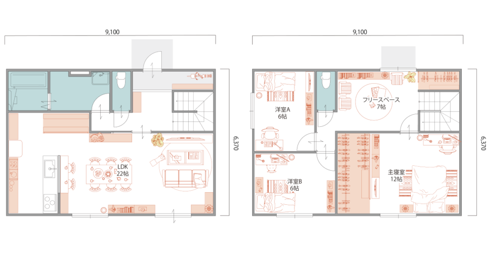 35坪｜3LDK　22帖大空間LDKと自由なホールのある家