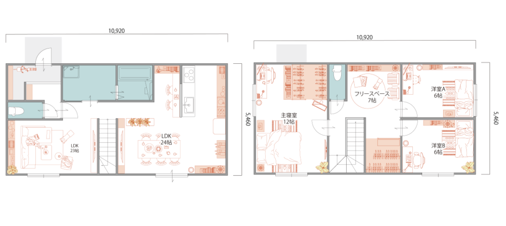 36坪｜3LDK　食事と寛ぎを分ける2つのLDK