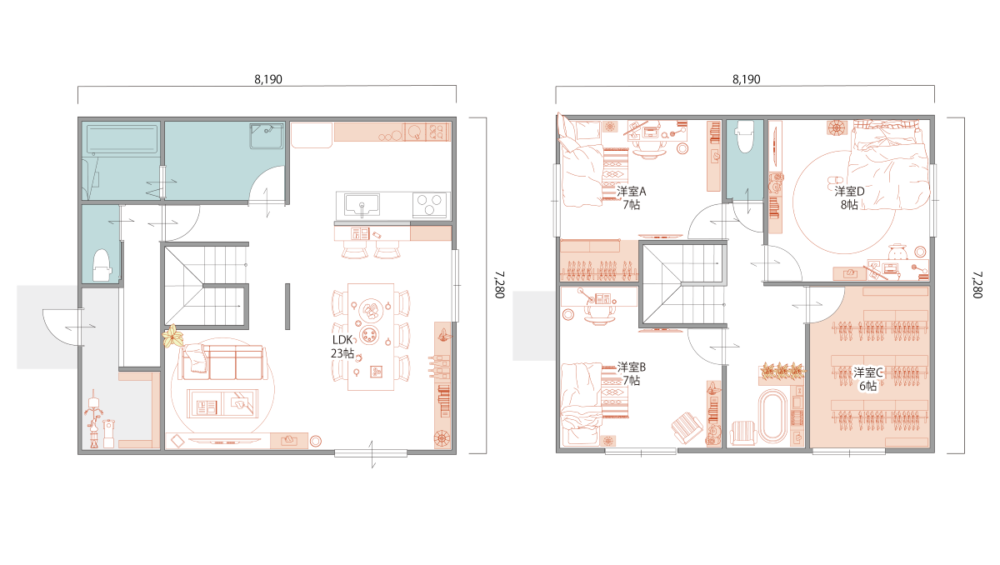 36坪｜4LDK　23帖LDKと大型衣装部屋のある家